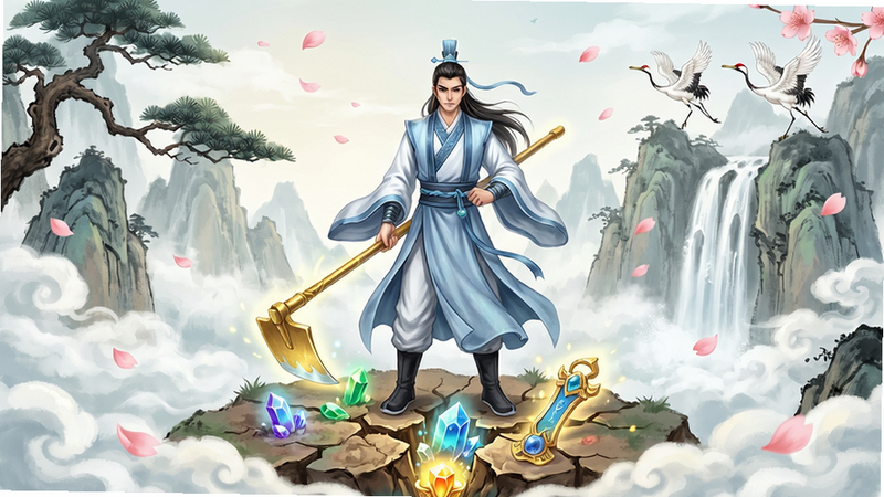 一幅精美的国风水墨画风格的游戏宣传图,主体为一名身着青白道袍的修仙者站在云雾缭绕的仙山之上,手持金色仙锄,脚下土地裂开露出璀璨的灵石与法宝光芒,背景有古松、飞瀑、仙鹤,画面布局以人物为中心,四周点缀飘落的桃花瓣,画风细腻唯美,色彩清雅明亮,细节丰富,画质高清干净,无多余元素,图片中文字标注“道友来挖宝”