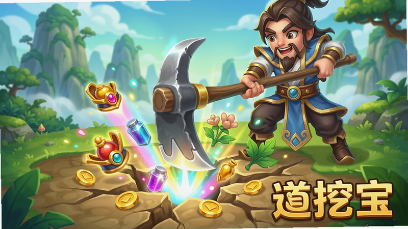 游戏内实际挖宝场景截图风格图,主体为修仙者角色挥动仙锄挖开地面,地面裂开缝隙中冒出彩色光芒与金币、法宝、草药等物品飞出,周围是葱郁的仙山环境,布局采用近景特写,突出挖宝瞬间的惊喜感,风格明亮卡通,细节丰富,画质清晰干净,无多余元素,图片中带有“道友来挖宝”字样