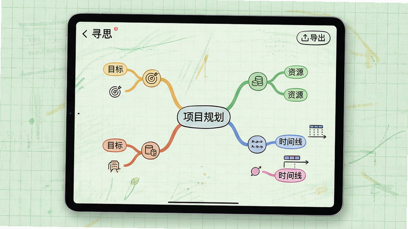 主体:平板电脑横屏展示“寻思”思维导图功能,导图中心为“项目规划”,分支延伸出“目标”、“资源”、“时间线”等节点。布局:平板居中,背景为淡绿色网格纸纹理。排版:节点文字大小适中,连接线圆润,颜色区分不同分支。风格:简洁专业,略带手绘风。细节:导图节点有图标点缀,右上角有“导出”按钮。画质:超清,干净,无多余元素。
