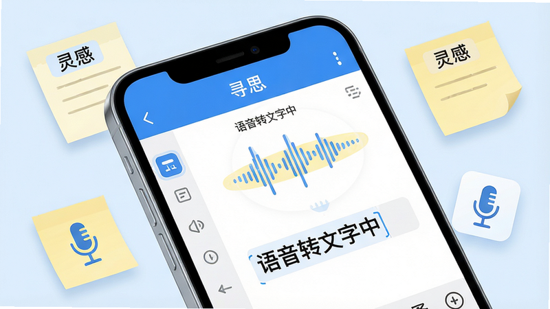 主体:一部手机屏幕特写,显示“寻思”笔记编辑页面,有语音输入波纹动画和文字识别结果。布局:手机倾斜放置,周围有漂浮的便签纸和麦克风图标。排版:编辑区字体清晰,左侧有工具栏图标。风格:明亮简洁,蓝白主调,搭配浅黄色高亮。细节:屏幕上有“语音转文字中”字样,便签纸上有“灵感”标签。画质:高清,干净,无多余元素。