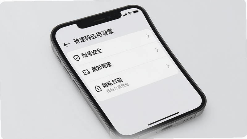 驰途码应用设置界面预览,手机屏幕显示设置选项列表,包括账号安全、通知管理、隐私权限等,界面简洁干净,背景为浅灰色,画质清晰,无多余元素