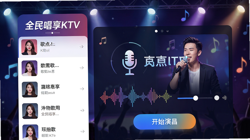 主体:一款名为“全民唱享KTV”的手机应用界面,展示K歌主界面与歌手演唱场景。布局:左侧为歌曲列表,右侧为动态歌词与音效调节面板,下方为开始演唱按钮。排版:清晰的功能分区,突出“全民唱享KTV”Logo。风格:现代扁平化设计,色彩明快,充满音乐律动感。细节:界面有麦克风图标、波形频谱动画,背景为舞台灯光效果。画质:高清、干净、无多余元素。