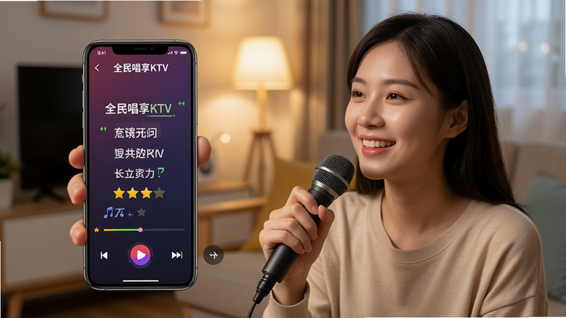 主体:用户正在使用手机K歌,屏幕显示“全民唱享KTV”演唱界面。布局:手机占据画面中心,背景为家庭客厅或卧室。排版:突出手机屏幕中的歌词与评分。风格:写实生活风格,光线温馨。细节:用户手持麦克风,笑容自然,屏幕有歌词滚动。画质:高清、干净、无多余元素。