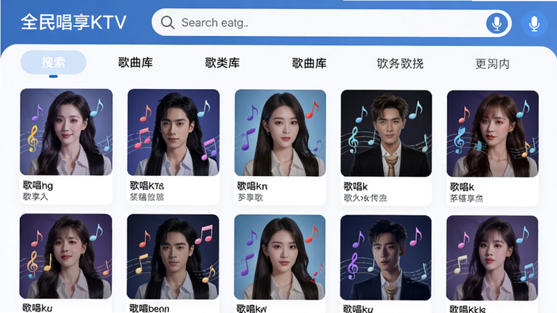 主体:“全民唱享KTV”歌曲库界面。布局:顶部搜索栏,下方为分类标签与歌曲封面墙。排版:网格状排列,每张封面下方标注歌名与歌手。风格:清新简洁,突出音乐元素。细节:封面有音符点缀,搜索框有麦克风图标。画质:高清、干净、无多余元素。