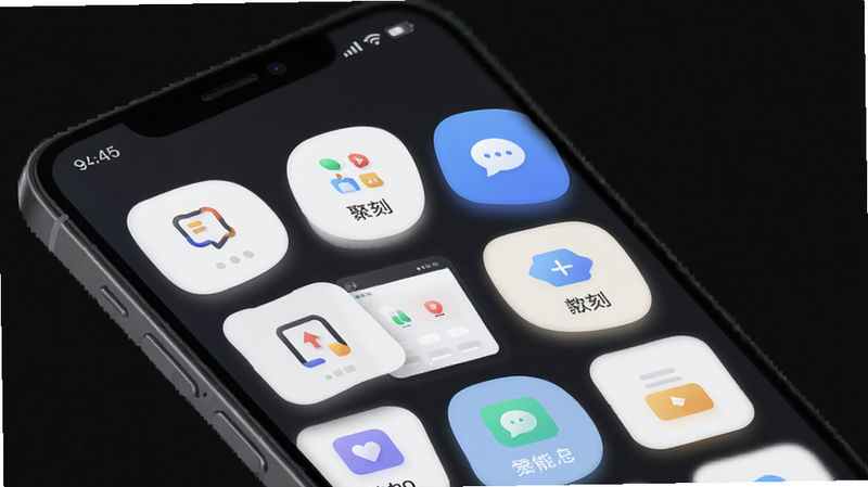 聚刻软件主界面预览图,展示其简洁大气的UI设计,主体为智能手机屏幕,屏幕内显示聚刻的功能模块图标,布局整齐,排版清晰,风格现代简约,细节包括圆角卡片和柔和阴影,画质高清,干净无多余元素
