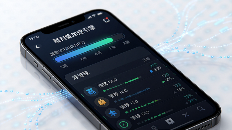 聚刻智能加速引擎运行示意图,主体为手机屏幕,屏幕中显示加速进度条和清理的进程列表,布局居中,排版简洁,风格科技感,细节有数据流动特效,画质高清,干净无多余元素