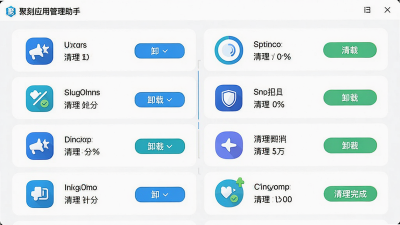 聚刻应用管理助手界面展示,主体为应用列表,每个应用图标旁有清理或卸载按钮,布局规整,排版有序,风格简洁明快,细节有进度环和清理完成提示,画质高清,干净无多余元素