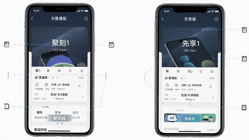聚刻软件版本对比图,主体为两个手机屏幕并排,分别显示普通版和先享版界面,布局对称,排版规整,风格直观易懂,细节有版本号标注,画质高清,干净无多余元素