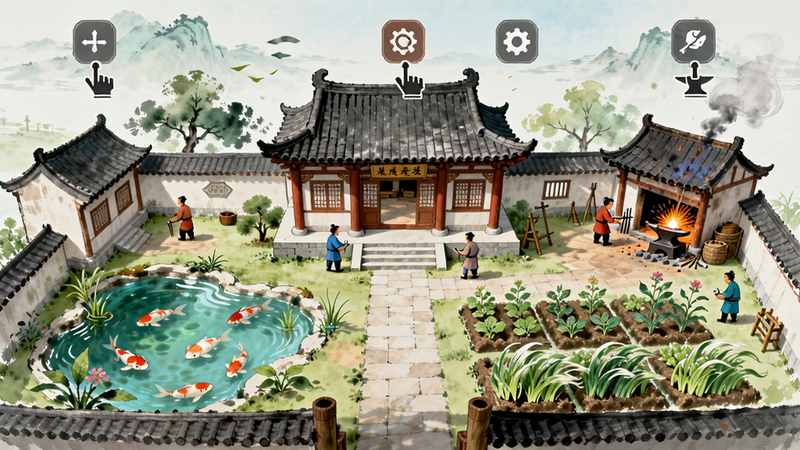 主体:古风府邸全景,庭院中有池塘、药田、铁匠铺,几位仆从在忙碌。布局:采用横版卷轴式展示,府邸占据画面中央,四周环绕功能建筑。排版:建筑上方有交互图标,点击可进入对应玩法。风格:清新淡雅的水墨工笔风,色彩明亮。细节:池塘有锦鲤游动,药田植物随风摇摆,铁匠铺有火星飞溅。画质:高清,干净无杂物。