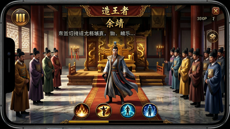 主体:手机横屏游戏画面,显示“造王者”主界面,角色余靖站在朝堂中央,背后是皇帝宝座,两侧大臣列队。布局:游戏UI占据屏幕四角,中央为剧情对话,下方有技能图标。排版:对话文字清晰,按钮大小适中。风格:写实古风,色彩浓郁,光影对比强烈。细节:角色衣袍飘动,宝座有金龙雕饰,地面大理石纹理清晰。画质:1080P高清,无多余元素。