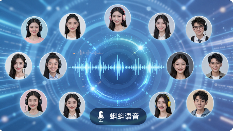 蝌蚪语音高清语音聊天室场景,多人头像围绕一个圆形声波图案,背景为科技感的光效,界面显示麦克风图标和文字“蝌蚪语音”,风格明亮,细节丰富,画质干净