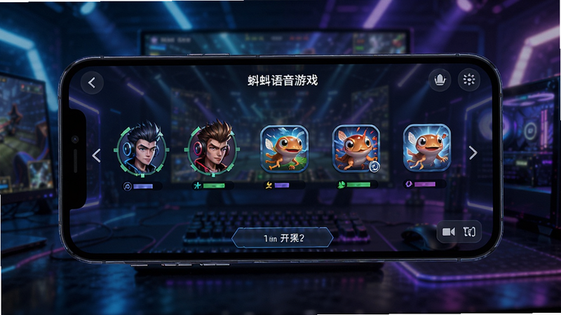 蝌蚪语音游戏开黑界面,展示手机屏幕内的组队房间,有玩家头像和游戏图标,背景为电竞风格灯光效果,风格炫酷,细节丰富,画质清晰