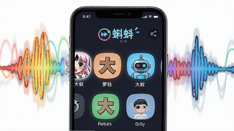 蝌蚪语音变声功能预览图,手机屏幕上显示变声器面板,包含各种音色选项图标,如萝莉、大叔、机器人,背景有彩色声波线条,风格活泼,UI细节清晰,画质高清