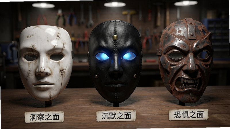主体:游戏道具界面,展示三款不同造型面具,分别为白色陶瓷、黑色皮革、生锈金属材质。布局:三款面具并排陈列在木桌上,背景是模糊的工具间。排版:每款面具下方有名称标签,如“洞察之面”、“沉默之面”、“恐惧之面”。风格:写实物品展示,顶部打光,凸显材质纹理。细节:面具表面有划痕、污渍,其中一款面具的眼部发出幽蓝光芒。画质:超清,质感强烈,干净,无多余元素。
