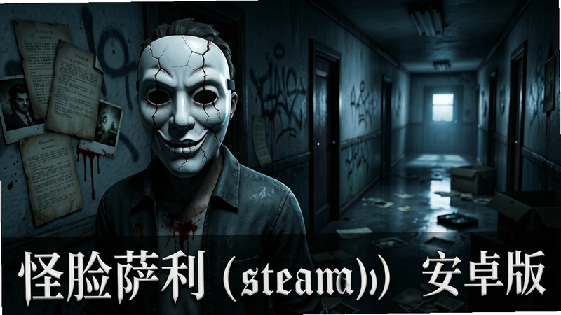 主体:游戏主视觉图,主角萨利戴着白色怪诞面具,站在昏暗的公寓走廊中,周围散落着神秘文件和旧照片。布局:主角居中偏左,右侧留出空间展示环境细节,走廊尽头有微弱光线。排版:画面下方三分之一处放置游戏标题“怪脸萨利(steam移植)”与“安卓版”字样,采用哥特式字体。风格:写实恐怖风格,高对比度光影,冷色调,营造压抑氛围。细节:面具上有细微裂纹,走廊墙壁有涂鸦和血迹,地面反射模糊倒影。画质:4K高清,细节丰富,干净,无多余元素。