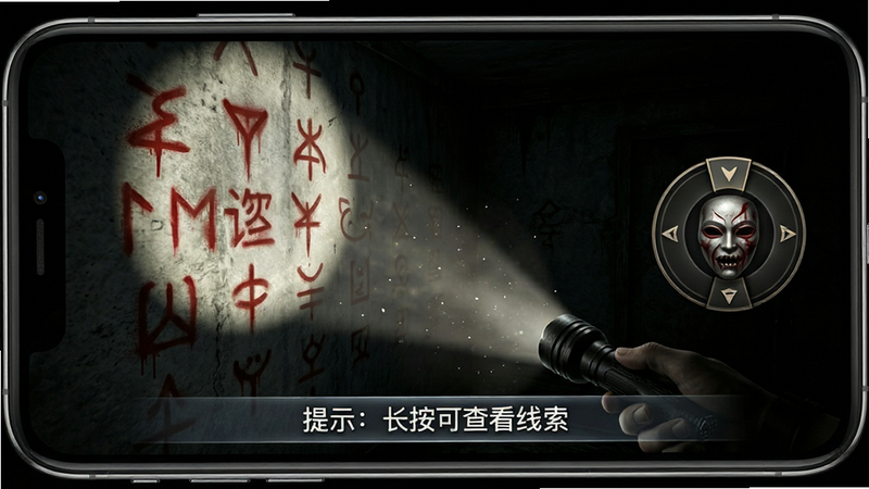 主体:手机横屏游戏截图,展示主角在黑暗房间中用手电筒照亮墙壁上的谜题。布局:画面中央为手电筒光柱,光束中可见墙壁上的符号,右侧有面具切换轮盘图标。排版:屏幕底部显示“提示:长按可查看线索”,半透明样式。风格:写实恐怖风格,高对比度,暗部细节丰富。细节:光柱中有灰尘粒子漂浮,墙壁符号为红色油漆涂写。画质:清晰锐利,无噪点,干净,无多余元素。
