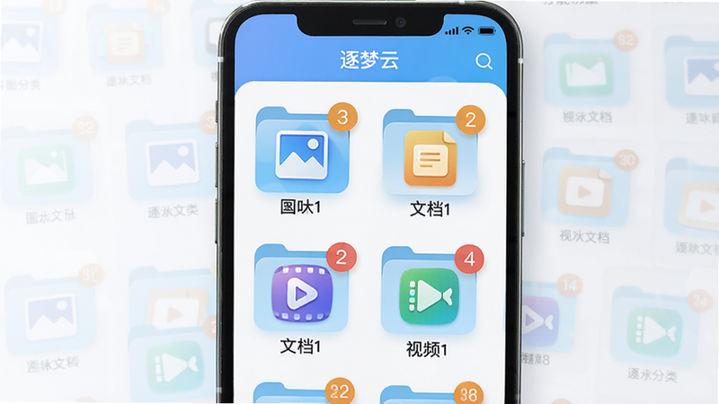 一张逐梦云智能分类功能的界面截图概念图,画面展示手机屏幕中自动分类的文件夹图标,包括图片、文档、视频等,每个分类都有醒目的图标和文件数量角标,背景干净明亮,突出智能整理的特点,界面标注