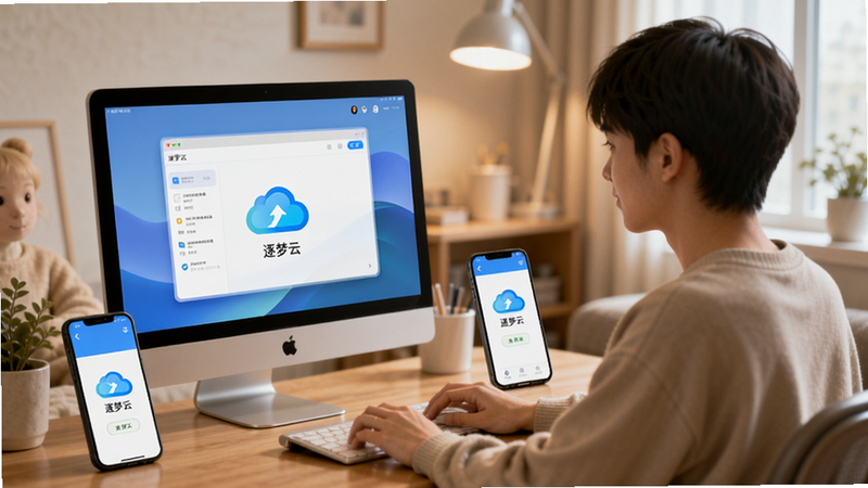 一张描绘用户使用逐梦云进行文件备份与同步的日常场景图,画面中一位年轻人坐在书桌前,面前的电脑和手机上都打开了逐梦云界面,屏幕上显示文件上传成功,背景是温馨的室内环境,风格写实,画面干净,包含
