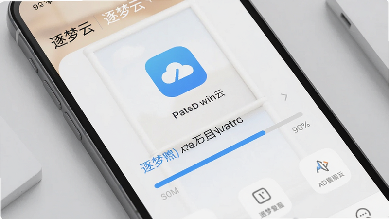 一张iPhone手机屏幕显示逐梦云照片备份界面的特写图,屏幕中显示照片备份进度条,背景是简洁的浅灰色桌面,突出手机与APP的交互感,包含