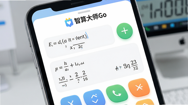 智算大师Go科学计算器界面,展示复杂公式输入与结果输出,背景为白色卡片式布局,按钮圆润,色彩明亮,顶部显示“智算大师Go”品牌标识,风格清爽,细节丰富,画质高清,干净无多余元素。