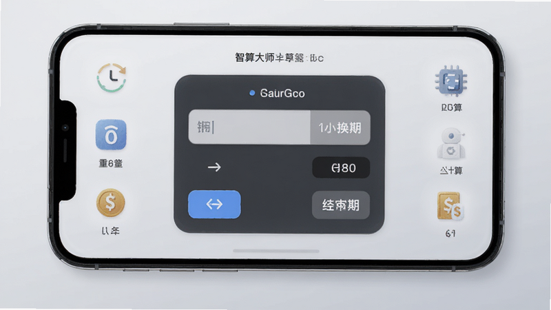 智算大师Go单位换算界面,手机屏幕显示长度、重量、货币等分类图标,中央为换算器面板,输入框与结果框清晰,背景为浅灰色渐变,风格简约,排版整齐,细节精致,画质清晰,干净无多余元素。