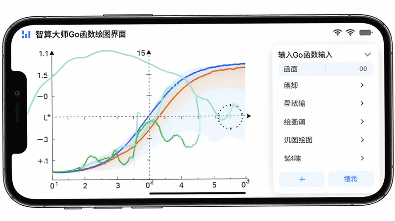 智算大师Go函数绘图界面,手机横屏显示坐标系与曲线,右侧为函数输入面板,背景为白色,曲线颜色鲜艳,界面布局专业,风格科技感,细节丰富,画质高清,干净无多余元素。