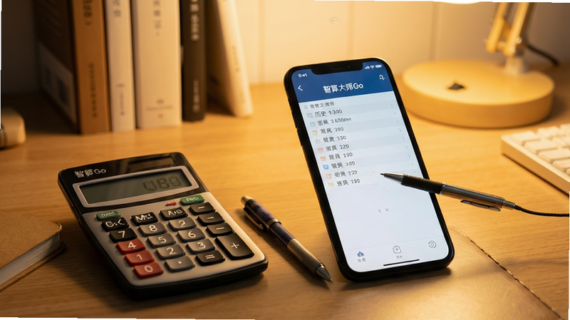 智算大师Go使用教程场景,手机旁放着计算器与笔,屏幕显示历史记录界面,背景为暖色书桌,风格温馨,布局自然,细节真实,画质清晰,干净无多余元素。