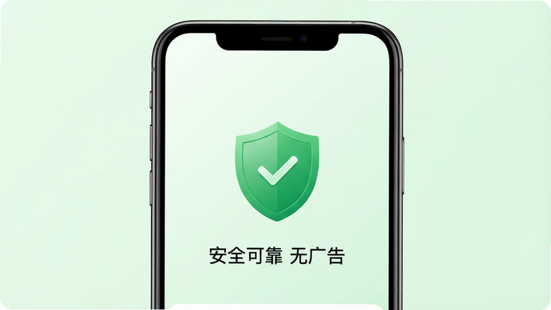 智算大师Go安全认证界面,手机屏幕显示绿色安全盾牌图标,背景为淡绿色,文案“安全可靠 无广告”,风格简洁,布局居中,细节精致,画质高清,干净无多余元素。