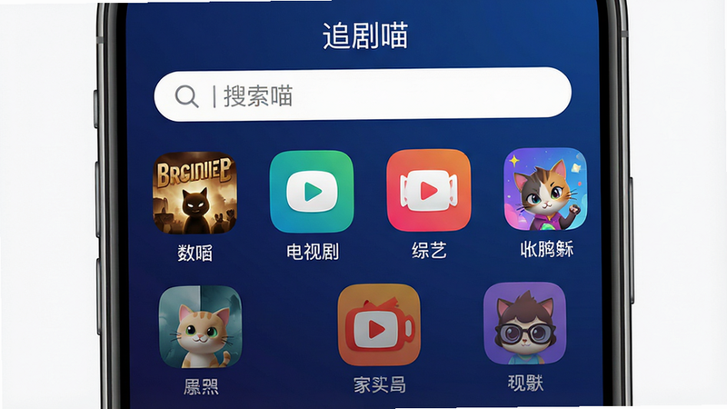 一幅现代简约风格的智能手机界面展示图,屏幕中央显示“追剧喵”应用主界面,顶部是搜索栏,下方排列着电影、电视剧、综艺、动漫等分类图标,背景为深蓝色渐变,界面布局清晰,图标色彩鲜艳,画质高清,干净无多余元素