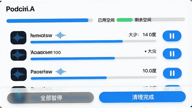 主体:Podcini.A应用下载管理页面,显示多个音频文件正在下载,进度条清晰。布局:列表式设计,每个文件行包含名称、大小、速度与暂停按钮。排版:信息分区明确,顶部有已用空间与剩余空间指示条。风格:科技感蓝色调,圆角进度条。细节:文件名旁有音频波形图标,底部有“全部暂停”与“清理完成”按钮。画质:高清晰度,干净无多余元素。
