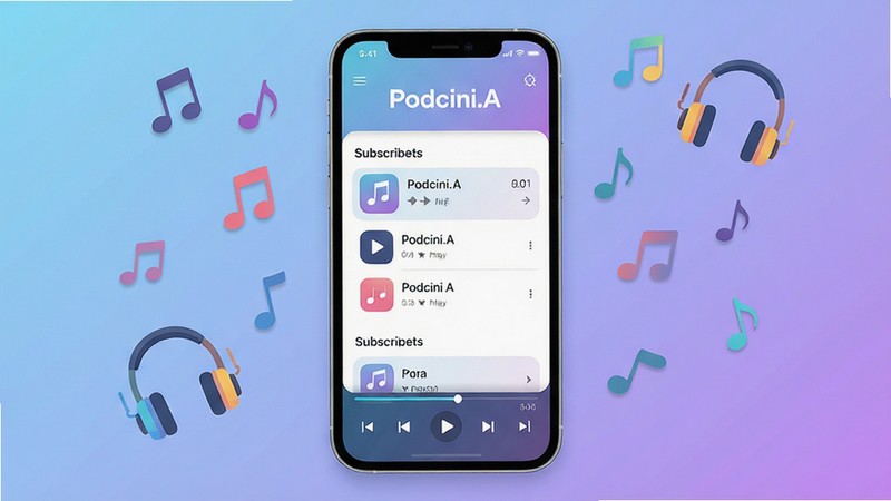 主体:智能手机屏幕显示Podcini.A应用界面,周围漂浮着音符和耳机图标。布局:手机居中,界面清晰展示播放列表与订阅栏目,背景为柔和的渐变蓝紫色。排版:界面元素错落有致,标题栏与底部播放控制条分明。风格:现代扁平化设计,色彩清新明快。细节:屏幕上隐约可见“Podcini.A”字样与播放进度条,耳机与音符元素点缀四周。画质:高清渲染,干净无多余元素。