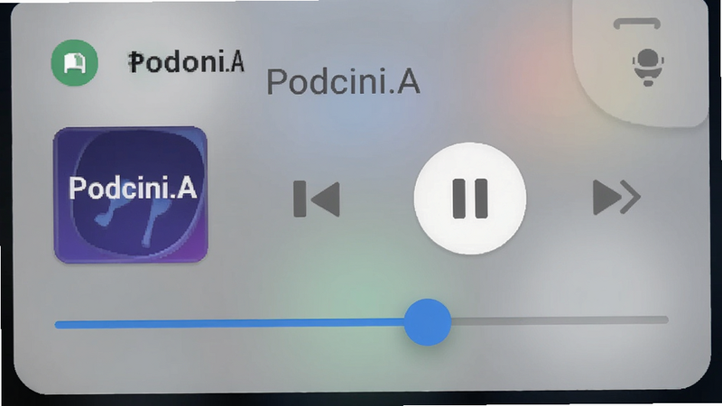 主体:Podcini.A应用在通知栏的播放控制界面,包含封面、播放/暂停按钮、进度条。布局:通知栏下拉样式,背景为磨砂玻璃效果。排版:元素横向排列,按钮间距均匀,文字清晰。风格:现代 Material Design 风格,色彩和谐。细节:封面图旁显示“Podcini.A”字样,进度条有拖动圆点。画质:精致,干净无多余元素。