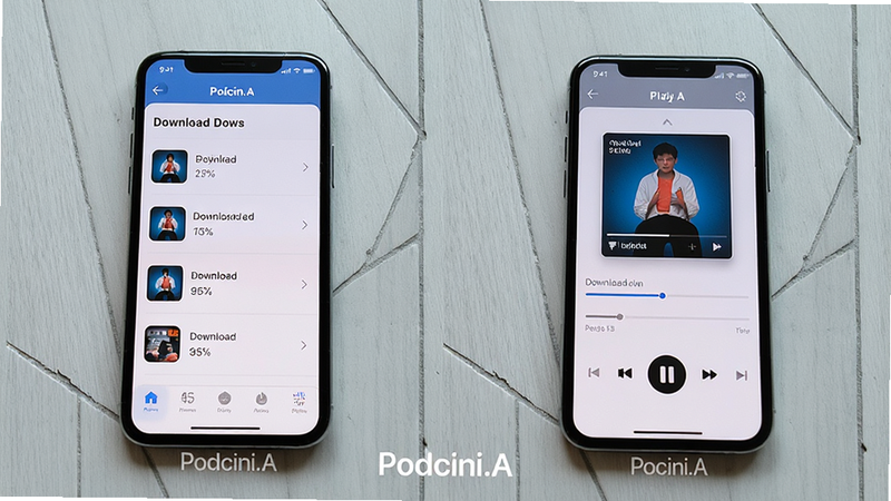 主体:两部手机并排展示Podcini.A应用在不同界面下的状态,左侧为下载管理,右侧为播放页面。布局:左右对称,背景为浅灰色地板。排版:手机屏幕内容清晰可辨,底部有应用名称水印。风格:真实摄影风格,光线自然。细节:播放页面显示专辑封面与进度条,下载页面有进度百分比。画质:超清,干净无多余元素。