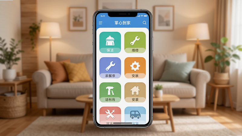 掌心到家APP主界面预览图,展示首页服务分类列表,包括保洁、维修、安装等图标,手机屏幕居中,背景为温馨客厅场景,界面简洁清晰,色彩明快,扁平化设计风格,细节丰富,画质干净无多余元素