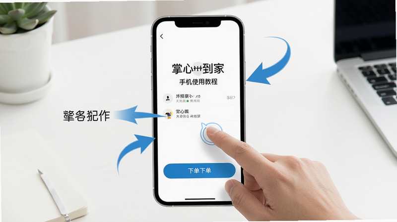 掌心到家手机使用教程配图,展示用户点击下单按钮的界面,手指点击屏幕,周围有操作指引箭头,背景为简约桌面场景,风格明亮清晰,排版直观,高画质,干净无多余元素