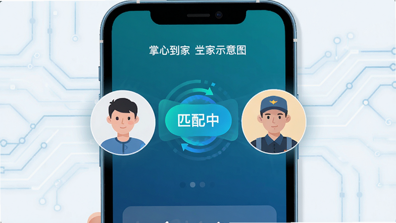 掌心到家智能匹配功能示意图,手机屏幕上显示匹配成功页面,用户头像与师傅头像连接,带有“匹配中”动画效果,背景为简洁的科技感线条,主体突出,排版清晰,现代扁平风格,高画质,干净无多余元素