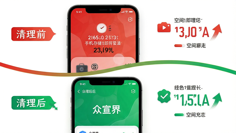 ���壺һ�ų���ͼ�Ա�ͼ���ϰ벿����ʾ�ֻ��洢�ռ伴�����ĺ�ɫ���棬�°벿����ʾʹ�á������硱���������ɫ�ռ����״̬�����֣�����������ռ�Ⱦ��⣬�м���һ�����������߷ָ����Ű棺����С�����ǰ���롰�����󡱵����ֱ�ǩ���Ҳ���ʾ�ռ����ݱ仯����񣺶Ա�������ɫ�ʴӺ�ɫ���ɵ���ɫ��ֱ������Ч����ϸ�ڣ�����ͼ����ж�̬����/���ٵļ�ͷָʾ�����ʣ��߷ֱ��ʣ�������ˬ���ɾ����޶���Ԫ�ء�