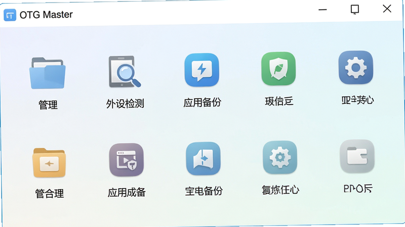 一张展示OTG Master软件主界面的高清截图,界面风格简洁现代,顶部显示“OTG Master”字样,下方排列着文件管理、外设检测、应用备份等图标,背景为浅色渐变,整体布局清晰,画质细腻,干净无多余元素