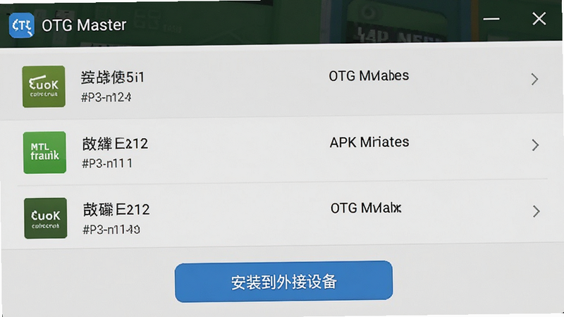 一张OTG Master应用安装界面的截图,屏幕显示APK文件列表和一个“安装到外接设备”的按钮,背景为浅灰色,界面简洁明了,画质清晰
