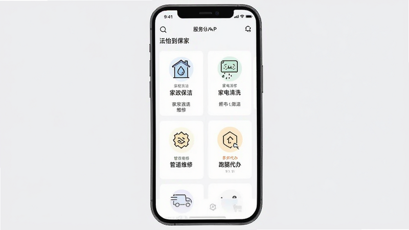 ������APP�������ҳ�棬չʾ�������ࡢ�ҵ���ϴ���ܵ�ά�ޡ����ȴ���ȶ������Ƭ��ÿ����Ƭ����ͼ������ֱ�ʶ���ֻ�������У�����Ϊ����ǳ��ɫ���ִ�UI��ƣ��������룬�����������޶���Ԫ��