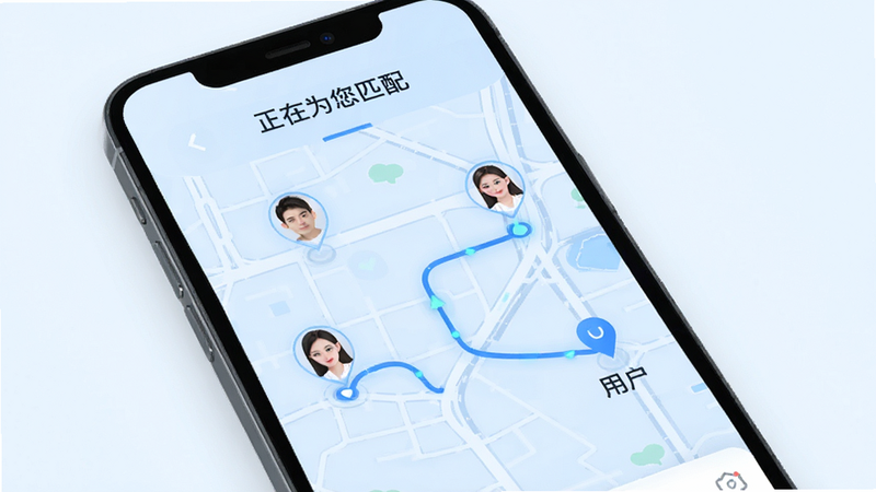 ������APP����ƥ����棬��ͼ����ʾ������Աλ�ú��û�λ�ã��м���ƥ��·�ߣ��ֻ���Ļ�Ϸ���ʾ������Ϊ��ƥ�䡱����������Ϊ����ɫ��ͼ��񣬽���Ƽ���ǿ�����ʸɾ����޶���Ԫ��