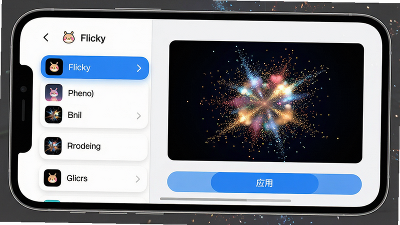 主体:智能手机屏幕特写,显示“Flicky”应用的效果选择界面。布局:屏幕左侧为效果列表,右侧为预览区域,底部有“应用”按钮。排版:列表清晰,预览区域占比大。风格:清爽的UI设计,圆角卡片式布局。细节:预览区正在播放粒子爆炸动画,列表项有高亮选中状态。画质:高清,干净,无多余元素。