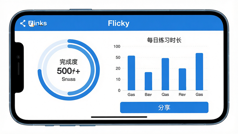 主体:手机横屏显示“Flicky”训练模式的统计页面。布局:左侧为环形进度图,右侧为柱状统计图,底部有“分享”按钮。排版:数据可视化,图表清晰。风格:简约商务风,蓝白配色。细节:环形图显示完成度,柱状图展示每日练习时长。画质:高清,干净,无多余元素。