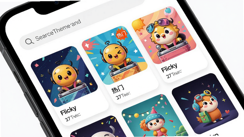 主体:手机屏幕展示“Flicky”主题商店页面。布局:网格状排列多个主题缩略图,顶部有搜索栏。排版:卡片式布局,整齐美观。风格:活泼时尚,色彩丰富。细节:每个主题卡片下有名称和下载量,其中一个主题有“热门”标签。画质:高清,干净,无多余元素。