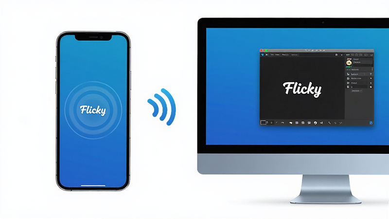 主体:一部手机和一台电脑并排,屏幕上显示“Flicky”应用运行中。布局:左手机右电脑,中间有无线连接图标。排版:对称构图。风格:科技感,蓝色调。细节:手机屏幕上有点击波纹,电脑屏幕上有模拟器窗口。画质:高清,干净,无多余元素。