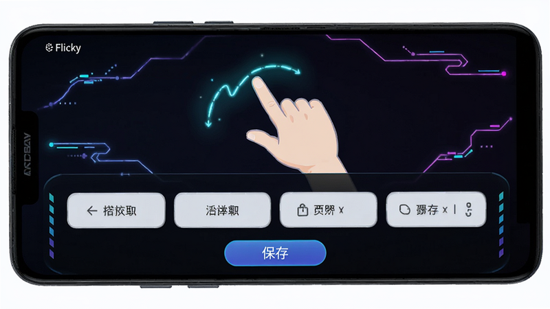 主体:一部安卓手机,屏幕上显示“Flicky”的手势设置页面。布局:横屏展示,上半部分是手势示意图,下半部分是操作选项。排版:图文结合,示意图清晰。风格:科技感,深色背景配合霓虹色线条。细节:手势轨迹以发光线条显示,下方有“保存”按钮。画质:高清,干净,无多余元素。