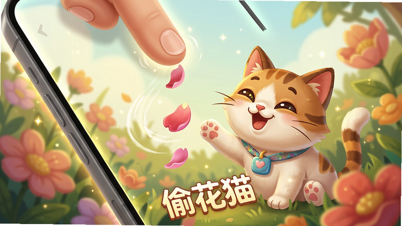 ���壺͵��èӦ���еĻ���������һֻ��ͨè�ڻ����У��û���ָ�����Ļ��������Ʈ����Ч�����֣��ֻ���Ļչʾ����ָ����Ļ�Ϸ�������·��С�͵��è���������Ű棺�Խ��߹�ͼ��ͻ��������������񣺶�̬�廭���ɫ����ů��ϸ�ڣ�����Ʈ��켣������è��������ã���Ļ����΢����Ч�����ʣ����壬�ɾ����޶���Ԫ�ء�