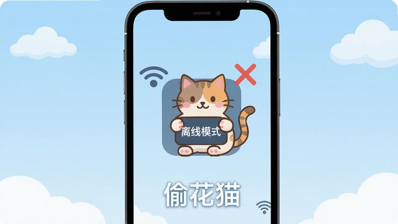 ���壺͵��è����ģʽ���棬�ֻ���Ļ����ʾ������ģʽ��ͼ�꣬��Χ��WiFi�رձ�ʶ��è��ͼ�������֣��ֻ���Ļ���У�����Ϊ����ɫ���䣬�·��С�͵��è���������Ű棺�����У�ͻ������״̬����񣺱�ƽ����ƣ�ͼ��������ϸ�ڣ�è�䱧�����߱�־�������Ե���ƶ�װ�Ρ����ʣ����壬�ɾ����޶���Ԫ�ء�