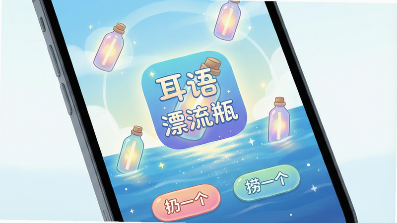 主体:手机屏幕展示“耳语漂流瓶”应用界面,界面中有多个色彩柔和的漂流瓶漂浮在蓝色海面上,瓶身带有光晕效果。布局:中央大尺寸应用图标,周围环绕小瓶子图标,底部有“扔一个”“捞一个”按钮。排版:简洁清晰,图标与文字间距合理。风格:清新手绘风,柔和渐变色彩,整体明亮治愈。细节:瓶子内透出微光,海面有星光倒影,文字“耳语漂流瓶”使用圆润艺术字体,画面干净无多余元素。画质:4K高清,细腻光影,干净背景。