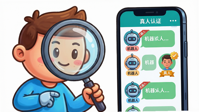 主体:一个卡通人物拿着放大镜查看手机屏幕上的对话列表,屏幕中有多个头像显示“机器人”标签,但有一个头像标有“真人”徽章。布局:人物位于左侧,手机屏幕位于右侧。排版:对比明显。风格:卡通插画,明亮色彩。细节:放大镜有反光,手机屏幕上有“真人认证”字样,画面干净无多余元素。画质:高清,细节丰富,背景纯净。